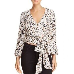JOA Size S Ivory with Abstract Animal Pattern Cropped Wrap Blouse, Long Sleeve